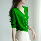 Pearl Button Knit Tops Women Candy Color V-neck Summer Tshirts V-neck Half Sleeve Tee Slim Knitwear Jumper Casual