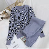 Print Knitted 2 Piece Sets For Women Casual Loose V-neck Sweater Pullovers Outfits And Contrast Color Harem Pants
