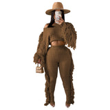 Fongt New Women's Wear Casual Solid Color Knit Long Sleeve Tassel Suit-Outfit