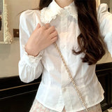 White Shirts Women Preppy Peter Pan Collar Slim Blouses Student Autumn Korean Long Sleeve Basic Casual All Match Tops New-Outfit