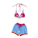 Fongt Pastoral Wind Knit Hanging Neck With Hook Flower Flower Wool Hollow Out Sexy Bikini Two Set Suit-Outfit