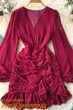 Women Chiffon Derss Spring Autumn Sexy V Neck Ruffles Bodycon Dresses Ladies Slim Pleated Beach Party Dress