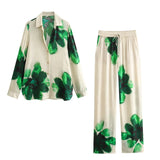Fongt Casual Fashion Set Vertical Trousers Women's Autumn Big Flower Print Shirt