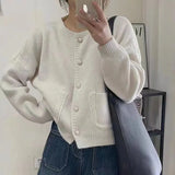 Fongt And Autumn New Korean Version Soft Waxy Wind Sweater Coat Female Pure And Fresh Sweet Single Breasted Short Round Collar Knit Cardigan Female-Outfit