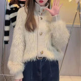 Fongt New Imitation Mink Velvet Standing Collar Sweater Cardigan Female Autumn Loose And Thick Age Reduction Jacket Coat-Outfit