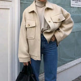 2021 New Autumn Winter Fashion Short Coat Women Loose Shirt Coat Casual Solid Ladies Coat Solid Lapel