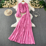 Fongt Style Pink Three-Dimensional Flower Collar Lantern Sleeve Shirt Lady Autumn High-Rise Dress Set