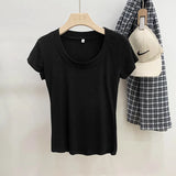 Version Simple Solid Color Threaded U-Collar Short-Sleeved T-Shirt Women Summer New Style Slim Look Thin Pure Desire Hot Girl Blouse Girl-Outfit