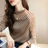 Polka Dot T-shirt Women's Clothing Stylish Bright Silk Autumn Winter Long Sleeve Korean Half High Collar Slim Pullovers-Outfit