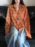 Fongt New Fall 2024 Vintage White Orange Plaid Shirt Coat For Men And Women-Outfit