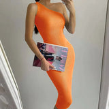 Slanting Shoulder Solid Color Knitted Dress Ins Xia Xian Slim Body Including Hip Middle Skirt Sleeveless Summer-Outfit