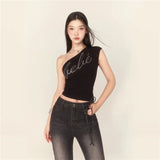 Fongt Summer Fashion Trend Women's New Slant Shoulder Repair Letter Hot Umbilical Vest