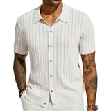 Fongt Men's Casual Knit Shirt Summer New Solid Color Jacket Men's Short Sleeve Lapel Collar Hollow Breathable Men's
