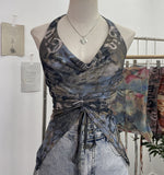 Real Shooting Holiday Wind Hanging Neck Collar Collar Tidling Strap Sling Vest Tie Mesh Yarn Short Sleeveless Top