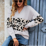Fongt Autumn And Winter New V-Neck Spliced Knitted Shirt Women's Jacket Leopard Print Women's Sweater