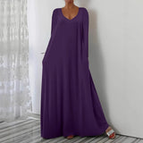 Fongt New Long Dress Casual Loose Short Sleeve Pure Color V Collar Body Size Dress