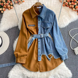 Spliced Corduroy Lapel Dress 2023 Autumn And Winter New Korean Version Waist Shows Thin Irregular Medium Length-Outfit