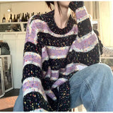 Fongt Gauze Color Stripe Sweater Unlined Upper Garment Female Design Feeling Small Minority Autumn Winter New Style Languid Lazy Wind Loose Color Sweater-Outfit