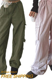 Drawstring Cargo Style Parachute Pants Basic Pockets Baggy Trousers Women Sporty Y2K Teachwear