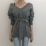 New 2021 Women Autumn Winter Sweaters Knitted Elegant Backwards Irregular Vintage Lace Up Pullovers Short Tops