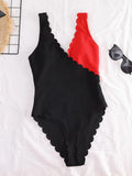 One Piece Swimsuit 2022 Women Red Black Patchwork Ruffle Swimwear Beach Bathing Suit Bandage Cross Backless