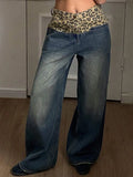Fongt Splicing Retro Leopard-Print Broad-Legged Pants Jeans Women's Niche To Make Old Loose Breathable Straight Pants