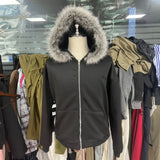 Fongt Selling Vintage Fur Collar Couple Hooded Zip Open-Air Jacket Oversize Design Niche Coat
