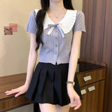 Fongt Bow Hit Color Doll Cardigan Knitted Women's Summer Little Yang Short