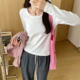 Color U-Collar Long-Sleeved T-Shirt Women's Early Autumn New Loose-Fitting Short Top Threaded Cotton Bottomed Shirt-Outfit