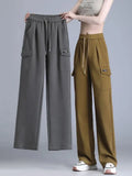 Wide Leg Cargo Pants Women Casual Thicken Baggy Sweatpants Fleece Lined High Waist Pantalones Lace Up Warm Straight