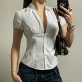 White Slim Waist Short Sleeve Blouse-Outfit