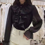Chic Ruffles Stitching Elegant Blouse Woman Stand Collar Button Chiffon Shirt Long Flare Sleeve Fashion Loose Tops