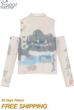 Shoulder Mesh Tees Hand-Painted Streetwear Sexy Slim Bodycon T Shirt Female Long Sleeve 2023 Chic Elastic Party Ins Tide