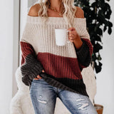Fongt And Winter Women's One Word Collar Loose Splicing Color Knit Jumper Sweater