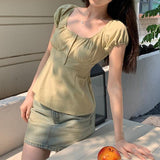 Solid Color Lace Trim Square-Neck Tee-Outfit