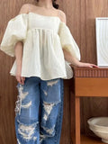Jacquard Shirts & Blouses Puff Short Sleeve Blusas Off Shoulder Camisas 2 Ways Wear Ropa Mujer 2024 Summer Tops-Outfit