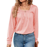 2023 New Casual Square Collar Pure Color Pleated Long-Sleeved Top T-Shirt Women-Outfit