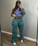 Fongt Women's Explosive Fashion Fashion Trend Multi-Pocket Tie Jeans High-Rise Straight Trousers