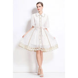 Fongt New Famous Summer Retro Collar Single Buckle Lace Lantern Sleeve Dress