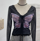 Fongt Shot Micro-Permeable Mesh Butterfly Print Splicing Lace Hanging Neck Horn Long-Sleeved T-Shirt Repair Short Top 1286