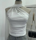 Fongt Shooting Mesh Ribbon Hanging Neck Folded Sleeveless Top Babes Two-Wearing Design Wrapping Bras 1125