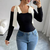 Fongt Long-Sleeved Girl Slimming-Word Shoulder-Cloth T-Shirt