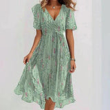 Fongt Summer New Loose Leisure Shuya V Collar Crumped New Hot Print Dress.