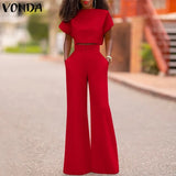 Women Pants Sets 2022 Female Casual Solid Color Round Neck Short Sleeve Tops High Waist Zipper Pants Office Long