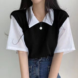 Fongt Summer Polo Lapel Fake Two College Wind Contrast Color Short-Sleeved T-Shirt Women's Loose Casual Versatile Top