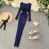 Fongt Women's Autumn And Winter 2025 New Korean Version Of Simple Solid Color Long Sleeves Tight Waist Thin Knit Long Dress