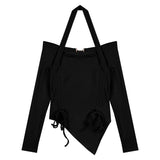 Girl One-line Shoulder Neck Long Sleeve T-shirt Tight Irregular Drawstring Slimming Top Base Shirt-Outfit