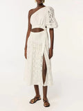 Fongt Dress Women 2025 Summer New Temperament Elegant Slanted Sloping Embroidery Open Fork Senior Sense Dress