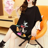 Street Backless Patchwork Midi T-shirt Female Clothing Loose Stylish Butterfly Printed Summer Casual Round Neck Pullovers-Outfit