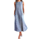 Striped Round Collar Sleeveless Large Slim Dress-Outfit